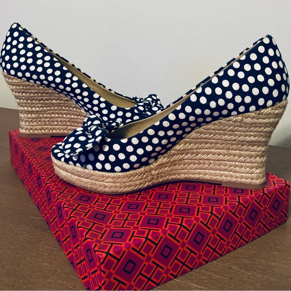 Tory Burch Navy Sea, New Ivory Nautical Polka Dots Espadrille Wedge Pumps - Picture 7 of 15